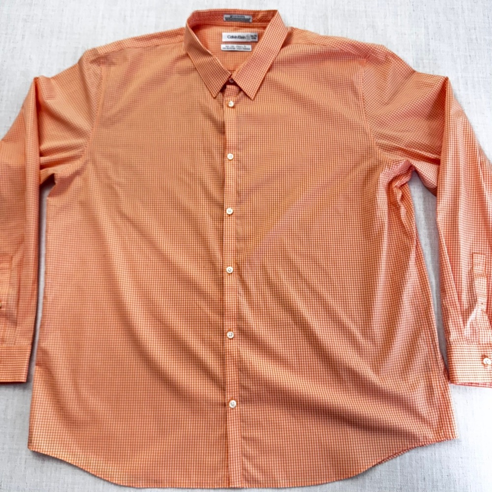 Calvin Klein Mens XXL Gingham Dress Shirt Orange White Classic Fit Stretch